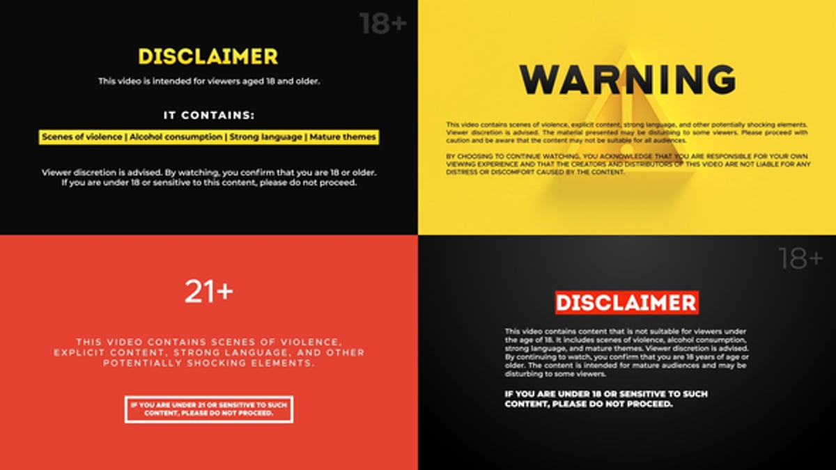 Modern Animated Disclaimer and Content Warning Cards, Elements ft